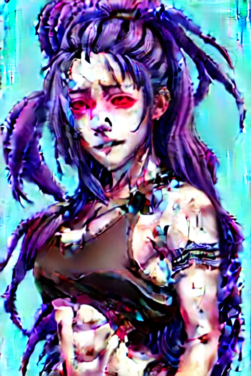 Image similar to a portrait of dilraba dilmurat as revy from black lagoon, smirk, black tank top, jean shorts, brown eyes, purple hair, tribal tattoo sleeve right arm, symmetrical eyes, symmetrical face, art by lois van baarle and loish and ross tran and rossdraws and sam yang and artgerm