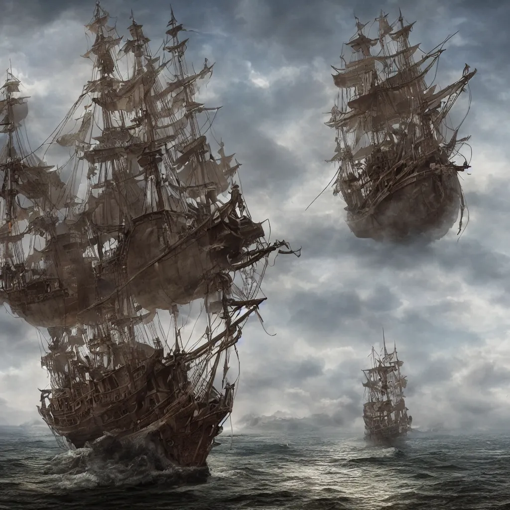 Prompt: a single highly detailed 4 k fantasy matte painting of. historically accurate. 3 d model of pirate ship. in the sky no ocean