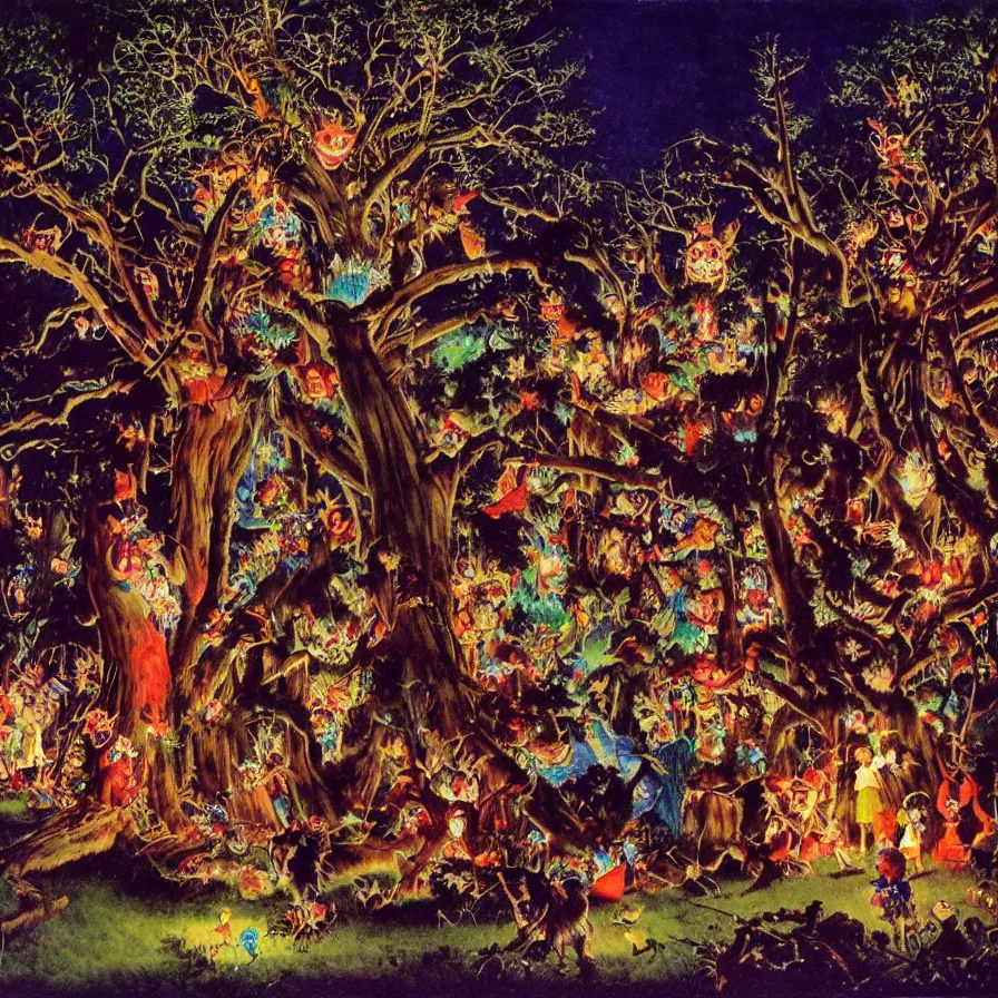 Image similar to a night carnival around a magical tree cavity, with a surreal orange moonlight and fireworks in the background, next to a lake with iridiscent water, christmas lights, folklore animals and people disguised as fantastic creatures in a magical forest by summer night, masterpiece painted by norman rockwell, frank frazetta, and syd mead, dark night environment