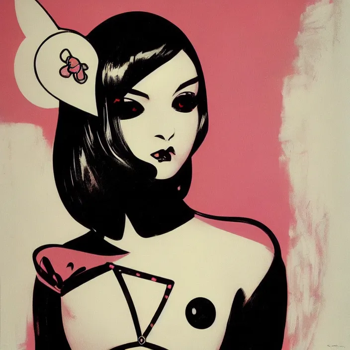 Prompt: metallic portrait of a gothic maiden, hello kitty, sharp focus, futuristic, emo, aerodynamic, feminine, cute, by syd mead