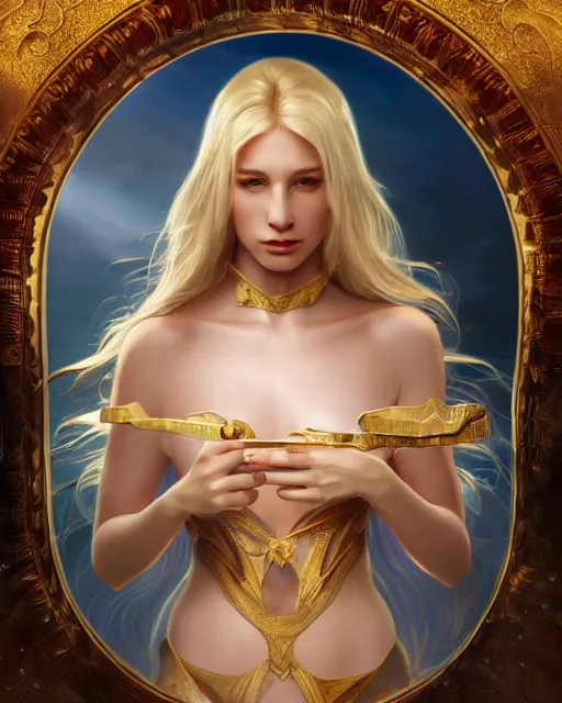 Image similar to Portrait of a blonde Goddess, holds a spark of all creation in her hands, a tiny red dragonlet, intricate dress, wide angle, intricate, elegant, overdetailed, professional digital painting, artstation, concept art, smooth, sharp focus, 8K, art by artgerm and greg rutkowski and alphonse mucha and loish and WLOP