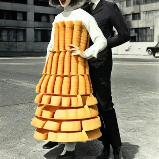 Prompt: dress made out of lasagna, fashion, 6 0 s