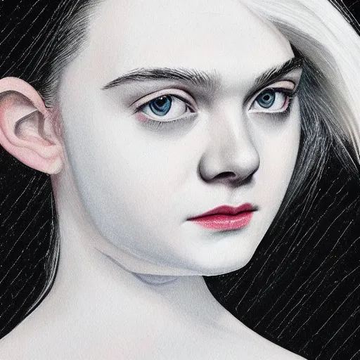 Image similar to professional painting of Elle Fanning in the style of David Fincher, head and shoulders portrait, symmetrical facial features, smooth, sharp focus, illustration, intricate, stormy weather, extremely detailed masterpiece,