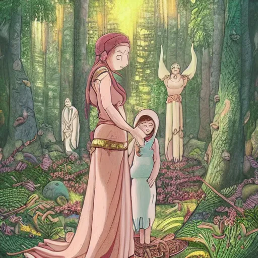 Image similar to “portrait of the goddess of love and her daughter making a ritual sacrifice in a magical forest, ghibli, detailed, sharp focus, digital art, detailed face”