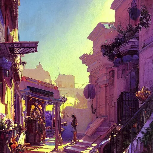 Prompt: painting of syd mead artlilery scifi organic shaped small shop with ornate metal work lands on a sidewalk, floral ornaments, greek architecture, volumetric lights, purple sun, andreas achenbach