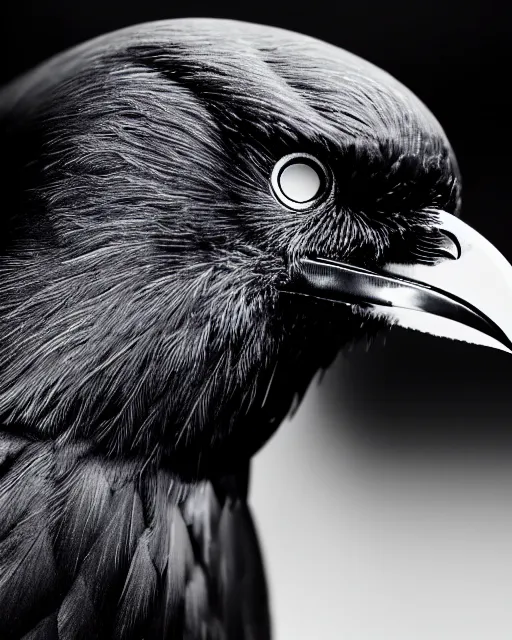 Image similar to a profile portrait, a stunning young creature, a mix of woman - crow - cyborg, editorial photography, bw, shot on 7 0 mm, depth of field, f / 2. 8, high contrast, 1 6 k, volumetric lighting, shiny, insanely detailed and intricate, hypermaximalist, elegant, ornate, hyper realistic, super detailed