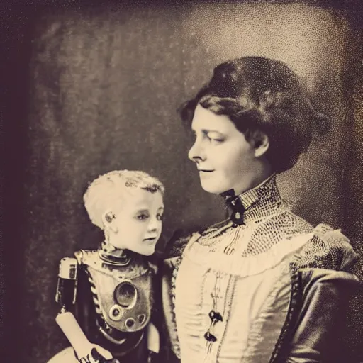 Prompt: portrait of a life size victorian female clockwork robot standing in with a human child in her care, 8 k, soft lighting, highly detailed realistic, face in focus polaroid photography