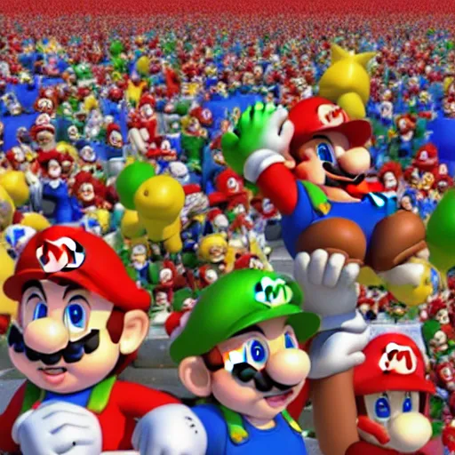 Image similar to photo of a crowd of super mario marios holding up the globe planet earth