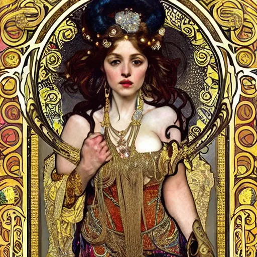 Prompt: realistic detailed dramatic symmetrical portrait of beast as Salome dancing, wearing an elaborate jeweled gown, by Alphonse Mucha and Gustav Klimt, gilded details, intricate spirals, coiled realistic serpents, Neo-Gothic, gothic, Art Nouveau, ornate medieval religious icon, long dark flowing hair spreading around her