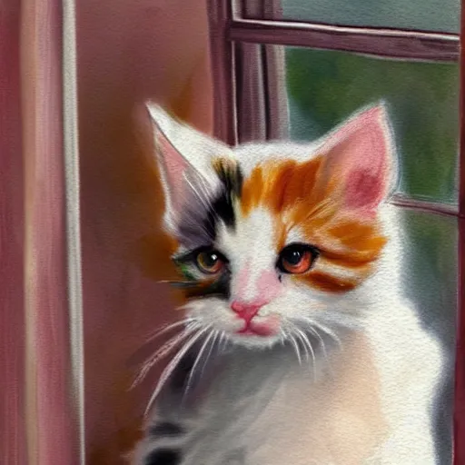 Image similar to cute calico kitten looking out of the window on a [ [ [ [ beautiful ] ] ] ] summer day, storybook art, detailed, cute, profile shot, featured on artstationg, gorgeous!!!