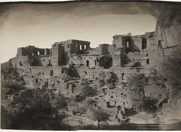 Prompt: Photograph of sprawling pueblo ruins carved out of a cliff face, showing terraced gardens and narrow stairs in lush desert vegetation in the foreground, albumen silver print, Smithsonian American Art Museum