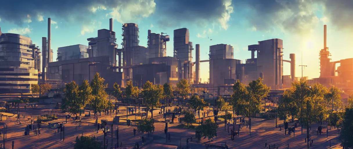 Image similar to modern city center public park, modern landscape architectural design for industrialpunk, gorgeous lighting, golden hour, cyberpunk, 2077, dramatic lighting and composition, high detail digital art 5, 8k