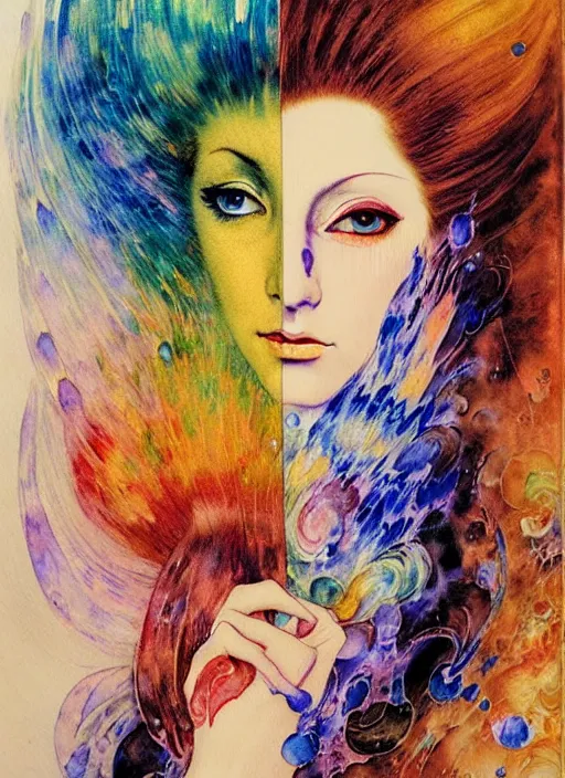 Prompt: vintage 7 0 s anime watercolor by karol bak, a portrait of a lady with colorful face - paint enshrouded in an impressionist watercolor, representation of mystic crystalline rift fractals in the background by william holman hunt, art by cicley mary barker, thick impressionist watercolor brush strokes, portrait painting by daniel garber, minimalist simple pen and watercolor