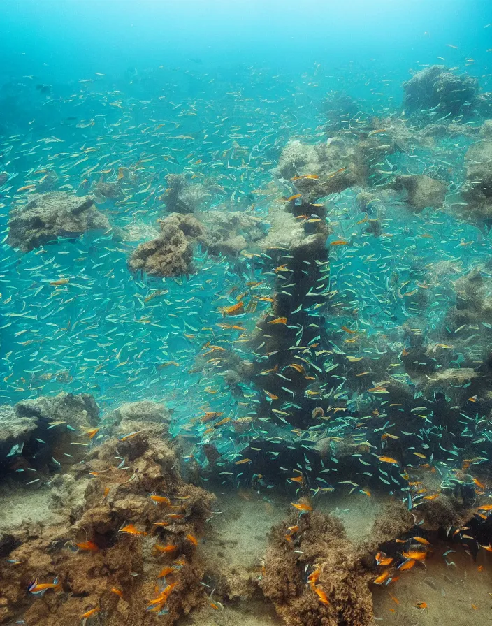 Image similar to an underwater city school for fish, 8k, National Geographic photo field.