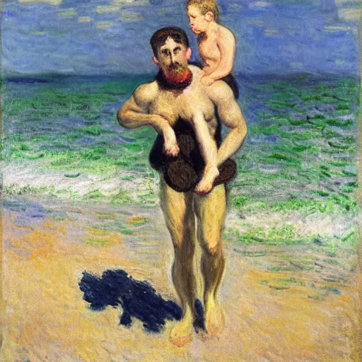 Image similar to a man carrying his child over his shoulders walking near the beach, anatomically correct, painting by monet, masterpiece