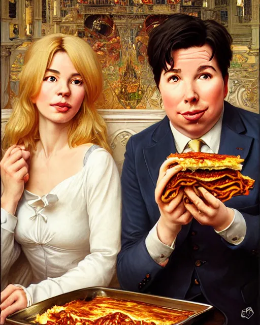 Image similar to Portrait of Michael Mcintyre & a blonde lady eating lasagna on r das flores in Porto,real life skin, intricate, elegant, highly detailed, artstation, concept art, smooth, sharp focus, art by artgerm and greg rutkowski and alphonse mucha