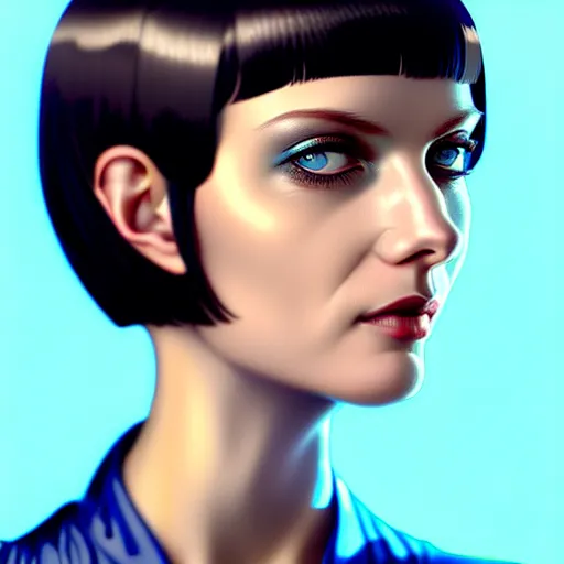 Image similar to woman with dark bobcut haircut with friendly blue eyes and slim features looking askance, eye cyberpunk bionics, retro futurist style, intricate, elegant gleaming jewelry, angelic halo, highly detailed, digital painting, artstation, concept art, smooth, sharp focus, illustration, art by wlop, mars ravelo and greg rutkowski,