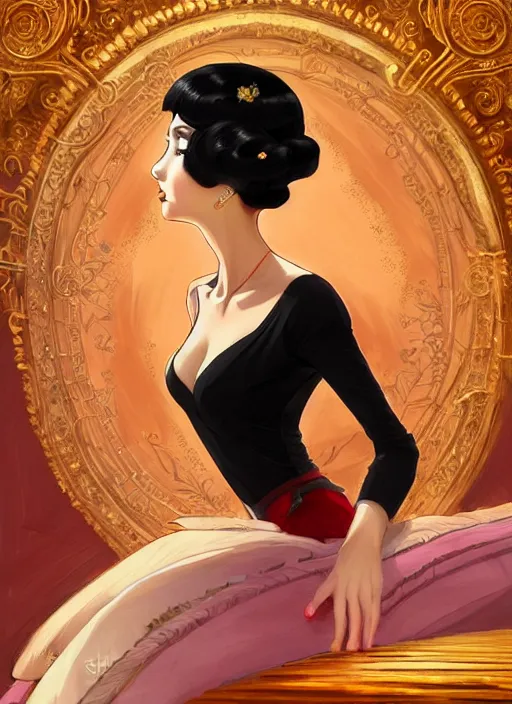 Image similar to a beautiful dancer with black hair in 1920's fashion, ballroom background, intricate, highly detailed, digital painting, artstation, official media, anime key visual, concept art, rich vivid colors, ambient lighting, sharp focus, illustration, art by Artgerm, Makoto Shinkai, Ilya Kuvshinov, Lois Van Baarle, and Rossdraws