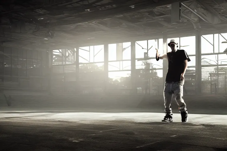 Prompt: eminem rapping in an empty parking lot, hyper detailed, smooth, unreal engine, sharp focus, ray tracing