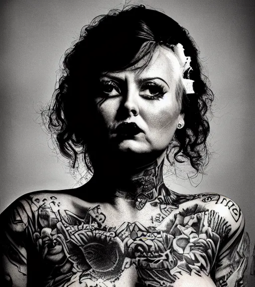 Prompt: portrait of a pinup, 3 0 yo, angry look, tattoos, dark background, studio light, hdr, nikon 3 5 mm f / 1. 8 g, by sebastiao salgado