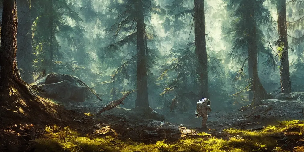 Prompt: american astronaut in the forest, plants environment, wide angle, cinematic lighting, atmospheric, realistic, octane render, highly detailed, color graded, in the style of craig mullins