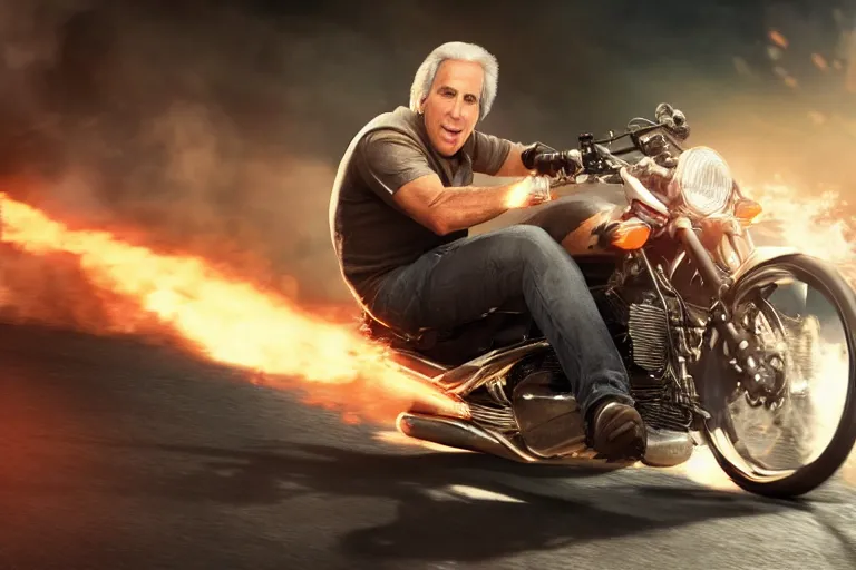 Image similar to henry winkler without a helmet, close up, racing a motorcycle in the fast and the furious movie, explosions, octane render, 4 k, hyper realistic, cinematic lighting