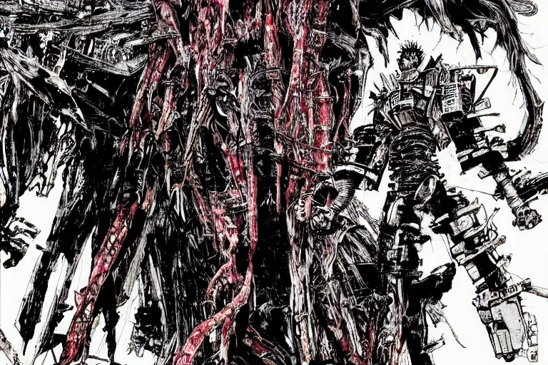 Prompt: remnants of the human civilization, survivors, a color illustration by tsutomu nihei, tetsuo hara and katsuhiro otomo