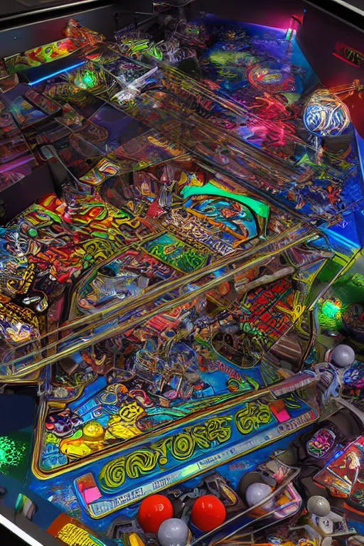 Image similar to a detailed pinball table layout overhead view, game art, realistic digital art, fluorescent colors, halluzinogenic, multicolored, exaggerated detailed, unreal engine