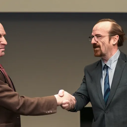 Prompt: Saul goodman and walter white shaking hands at a WHO conference , perfect faces , 8k UHD , Medium shot , award winning