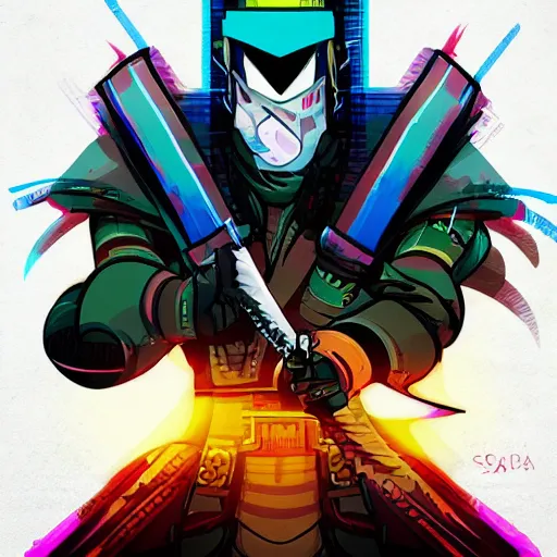 Image similar to katana zero video game character, huge sword, cyborg, synthwave art, colorful, digital art, thiago lehmann