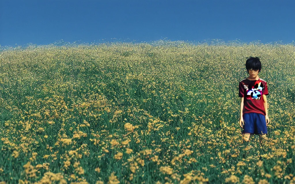 Prompt: a boy wearing a manchester united jersey day dreaming on a field of flower, beautiful bright blue sky. 35mm film. makoto shinkai, studio ghibli.