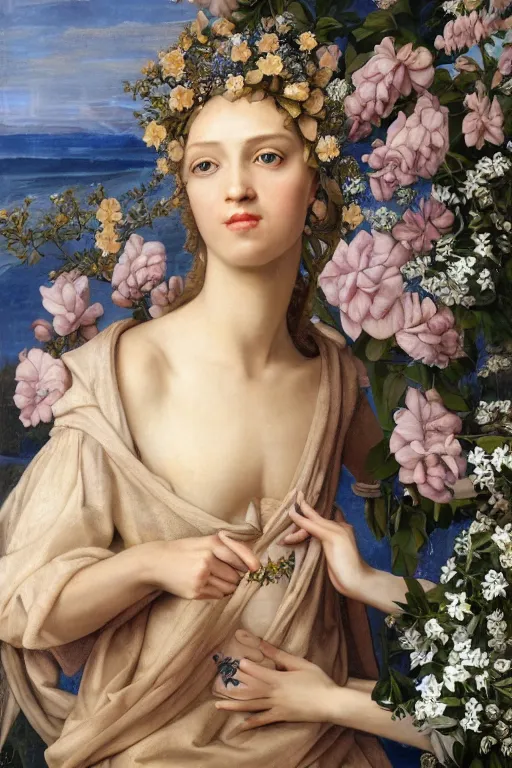 Prompt: hyperrealism close - up mythological portrait of a medieval blond woman merged with huge number of flowers in style of classicism and renaissance, pale skin, wearing silver silk robe, blue palette