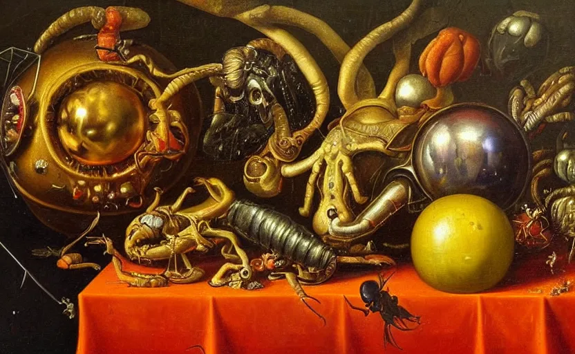 Prompt: disturbing colorful oil painting dutch golden age vanitas still life with bizarre objects strange gooey surfaces shiny metal bizarre insects rachel ruysch dali todd schorr very detailed perfect composition rule of thirds masterpiece