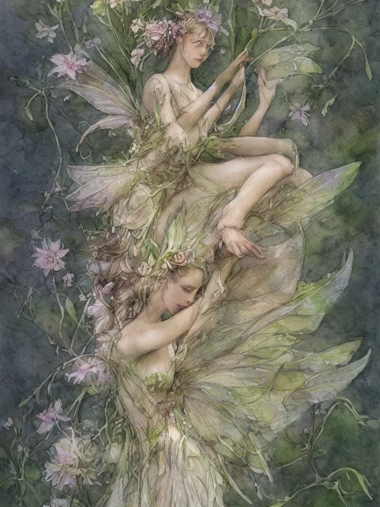 Image similar to study of a flower fairy, illustration, watercolor, alan lee, detailed, pretty, ethereal, realistic, artstation,