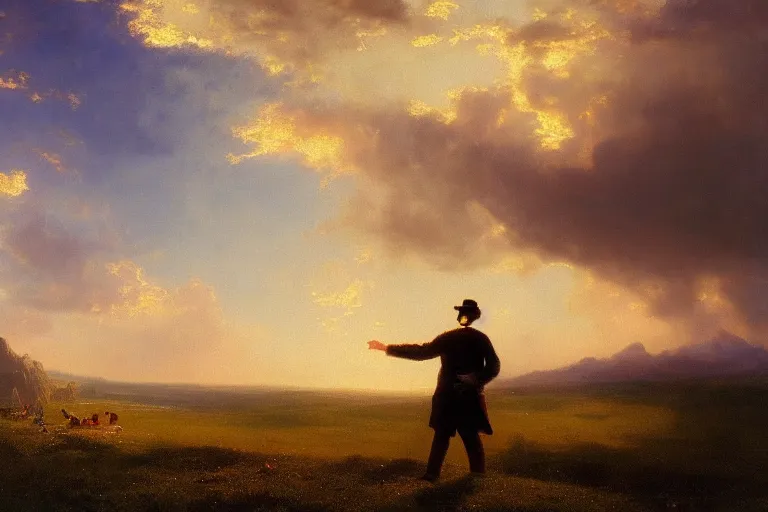 Prompt: a time traveler looking at the clouds, very detailed, oil painting, cinematic lighting, albert bierstadt, trending on artstation, colorful, canvas, sunset, hans dahl