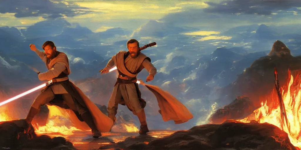 Prompt: Obi Wan Kenobi fighting Anakin Skywalker, lava in the background, painted by Sargent, painted by Thomas Kinkade, Star Wars, 8k, high detail