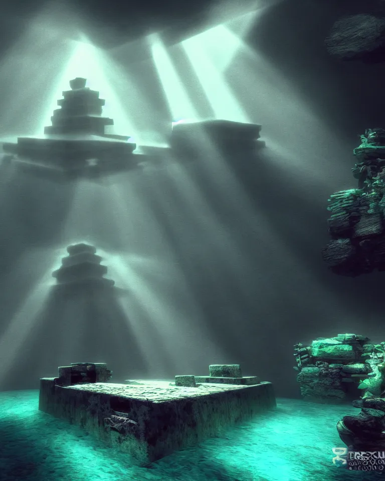 Image similar to full color, wide shot of submerged pre - incan temple, dark, underwater, symmetrical, crepuscular rays, bubbles, abyss, grenada underwater sculpture park, anime style mixed with fujifilm, very dark, murky, foggy, atmospheric, artstation, cgsociety, octane render, cgi, unreal engine 5, denoise, detailed, cinematic masterpiece