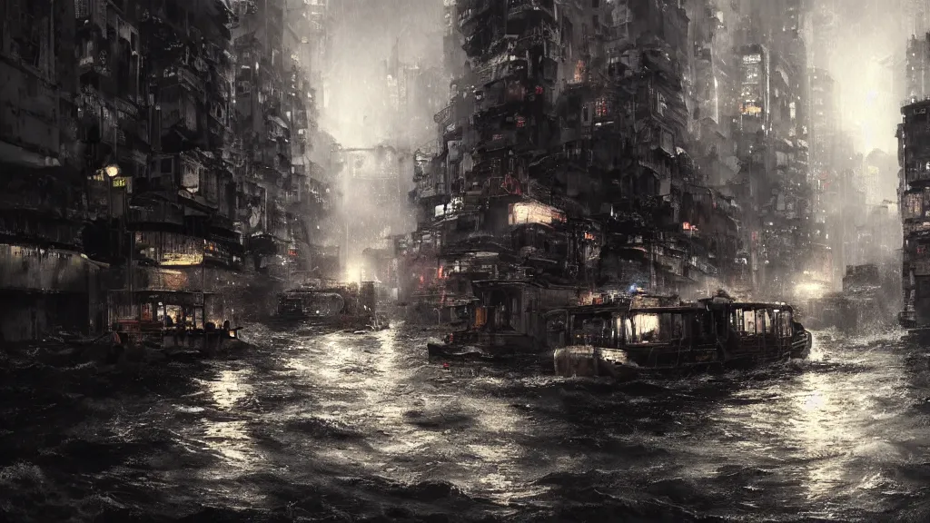 Prompt: dramatic Photorealistic, Matte Painting of a tug boat with bright head lights exploring a busy post apocalyptic flooded Hong Kong city street at night,dark Tall buildings by Greg Rutkowski,Craig Mullins,Hyperrealism,Beautiful dramatic moody lighting,Cinematic Atmosphere,Volumetric,VRay Rendering,8K