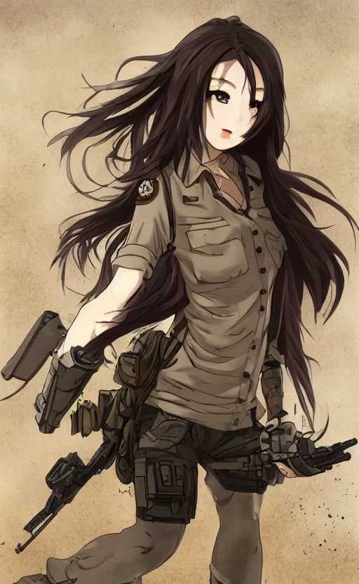 Image similar to soldier girl running in smoke and dirt, trading card front, anime style, long hair, hair down, symmetrical facial features, symmetrical body features, from girls frontline, hyper realistic, pale skin, 4k, rule of thirds, extreme detail, detailed drawing, trending artstation, hd, fantasy, D&D, realistic lighting, by Alphonse Mucha, Greg Rutkowski, sharp focus, backlit, soldier clothing, realistic military gear