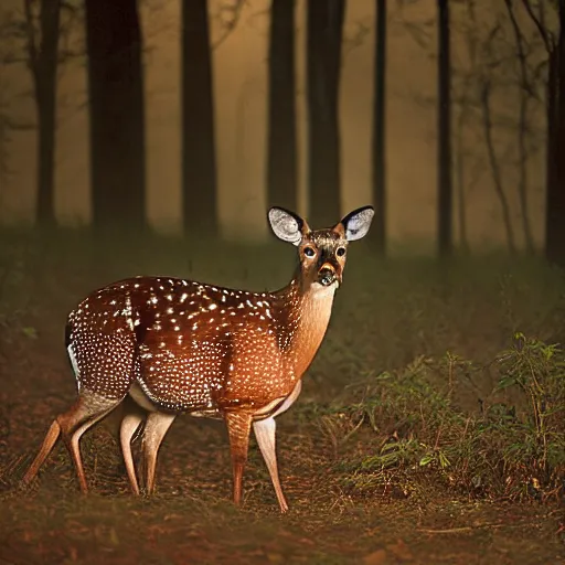 Image similar to a beautiful spotted deer in the woods lit by the morning sky, sunrise, chital, photorealistic, by annie leibovitz and steve mccurry, natural light, canon eos c 3 0 0, ƒ 1. 8, 3 5 mm, 8 k, medium - format print