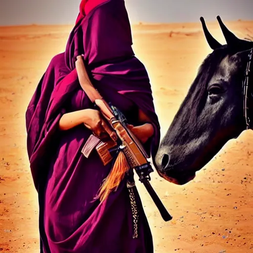 Image similar to beautiful burqa's woman, ride horse in saharan, dress like taliban, sharp eyes, photorealistic faces, handling riffle on chest, shooting pose, dust, cinematic, dynamic pose, pinterest