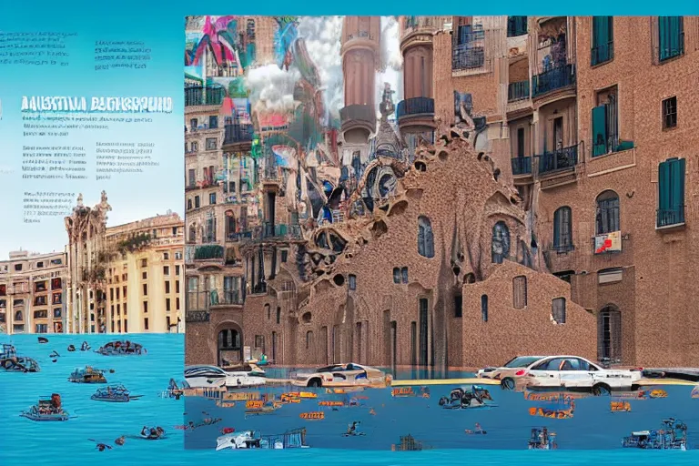 Prompt: touristic brochure to visit a catastrophic barcelona, buildings covered with high water, floating cars, catchy graphic design, photo real