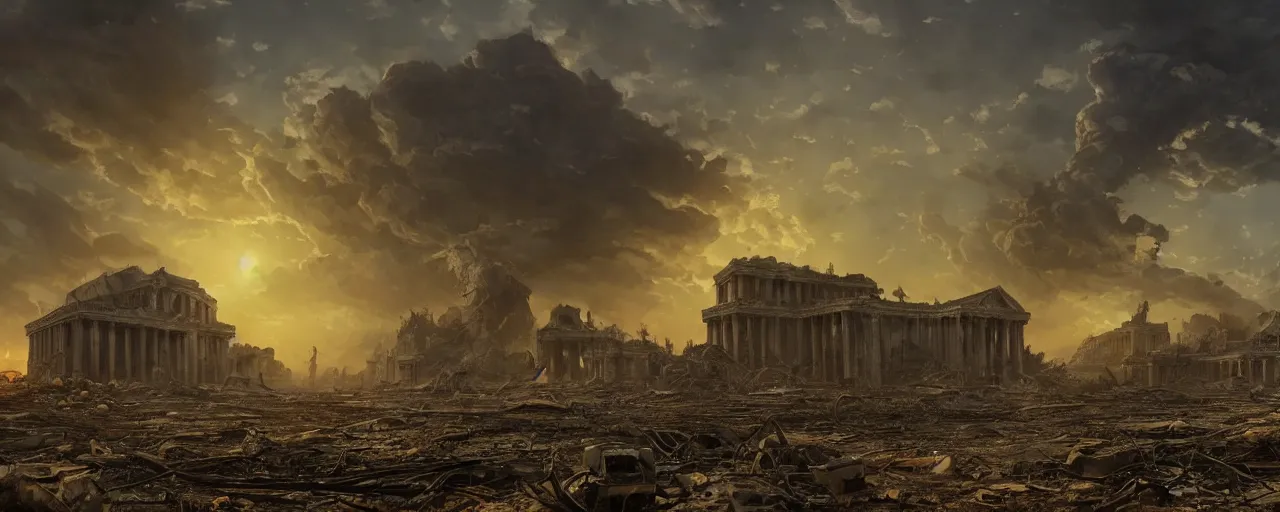 Prompt: A beautiful hyper realistic detailed matte painting of the destroyed Capitolium after nuclear bomb | post-apocalyptic landscape at early sunrise | a lot of debris and burned bushes and trees | by John Howe and Andreas Rocha and Martin Johnson Heade and Albert Bierstadt, Fallout style | unreal engine, trending on artstation, golden ratio, rectilinear