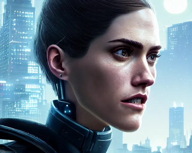 Image similar to highly detailed portrait of allison williams as an android, in detroit : become human, stephen bliss, unreal engine, fantasy art by greg rutkowski, loish, rhads, ferdinand knab, makoto shinkai and lois van baarle, ilya kuvshinov, rossdraws, tom bagshaw, global illumination, radiant light, detailed and intricate environment