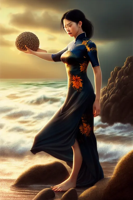 Image similar to photorealistic portrait of a dark mystical goddess wearing a qipao dress, ao dai, big sun rough sea and jagged rocks, nets, plastic bottles, garbage, sand and sea, golden hour, environmental, fantasy, atmospheric, hyper realistic, artstation, art by artgerm, andres rodriguez and john william waterhouse