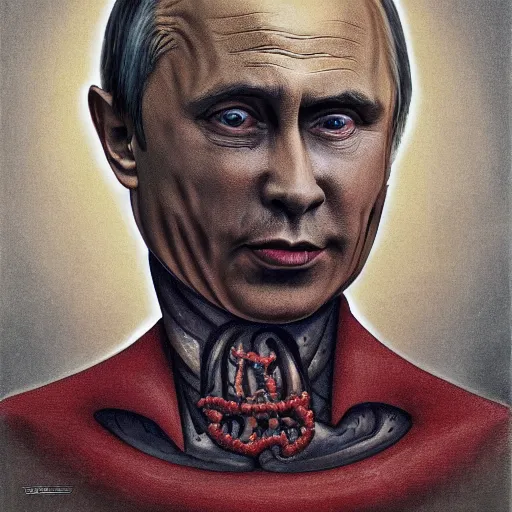 Prompt: portrait by giger of vladimir putin who became an ugly retarded lovecraftian monstrosity, photo - realistic, color image, 2 k, highly detailed