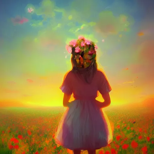 Image similar to girl with a flower face, surreal portrait, bizzare, dreamlike, standing in flower field, in a valley, sunrise dramatic light, impressionist painting, colorful clouds, artstation, simon stalenhag