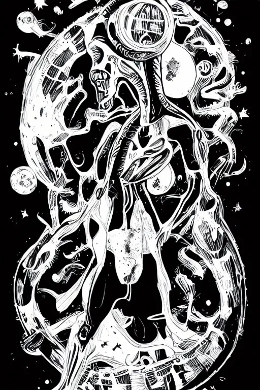 Prompt: alien black and white illustration