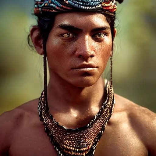 Prompt: portrait of a young jaguar warrior, street pic, depth of field, zeiss lens, detailed, symmetrical, centered, fashion photoshoot, by annie leibovitz and steve mccurry, jim jarmusch, moebius, breathtaking, 8 k resolution, extremely detailed, beautiful, establishing shot, artistic, hyperrealistic, beautiful face, octane render