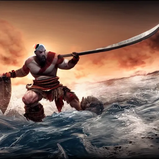 Image similar to screenshot of the game God of War with Kratos jumping waves on a jetski, while wielding an axe | Sony Pictures official media